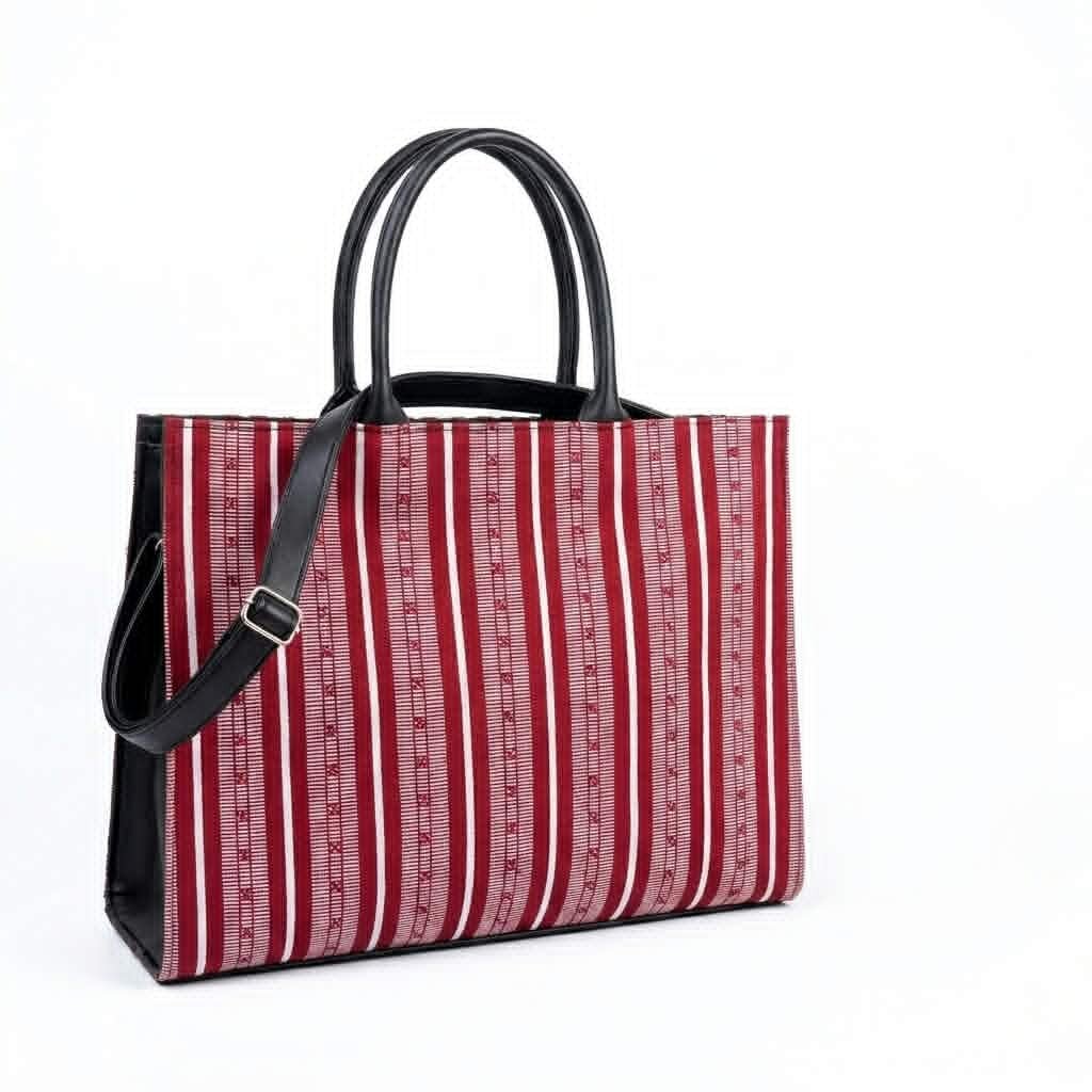 Angled view of the red Ambahan woven bag