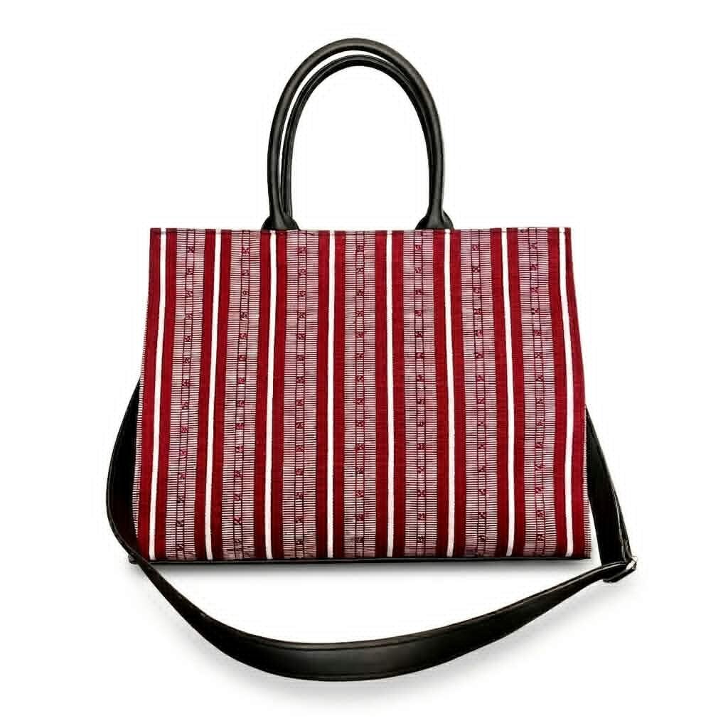 Front view of the red Ambahan woven bag with its shoulder strap