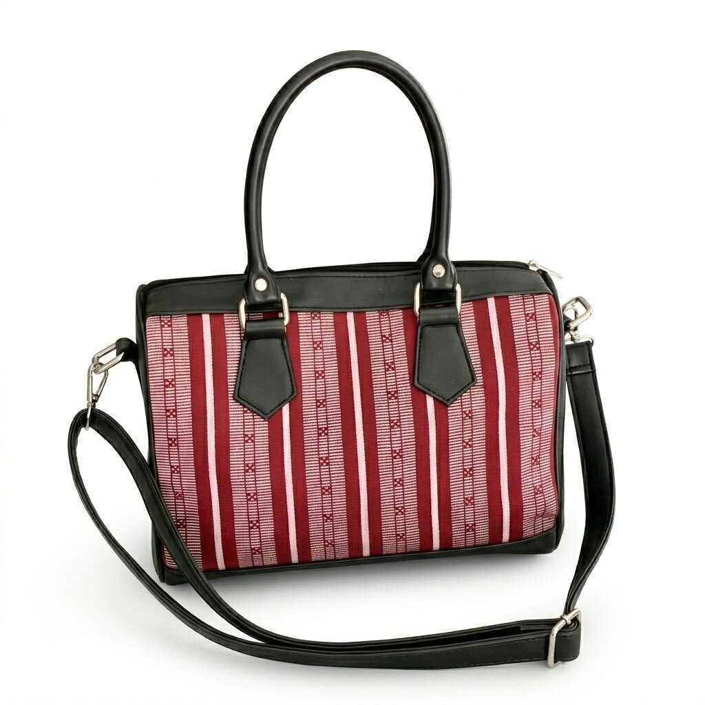 Angled view of the red Tamaraw woven Boston bag