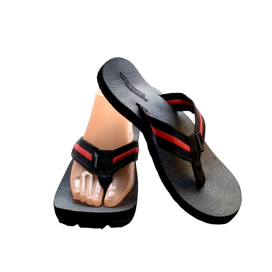 Black and red flip-flop slippers with tire soles